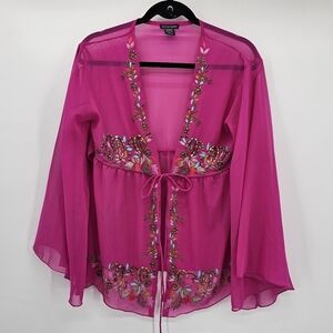 Boston Propper Pink Beaded Embroidered Sheer Flowy Cardigan Blouse Small